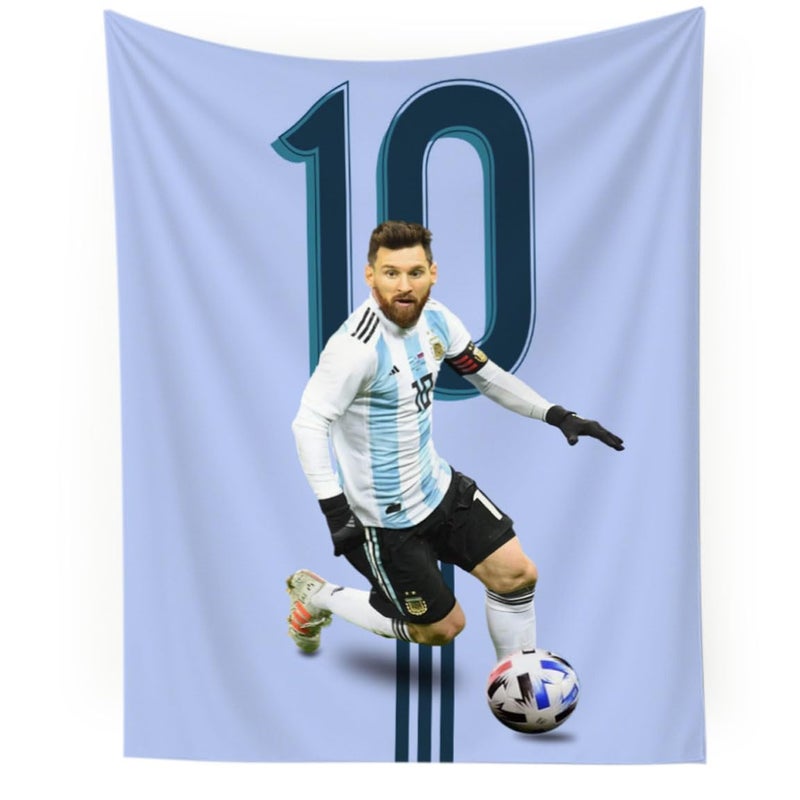 NASKY Lionel Messi World Cup Soccer Superstar Wall Tapestry: HD Fade-Resistant Polyester with 4 Corner Grommets - Hanging Poster for Boysâ€™ Bedroom & Fan Decor, 35.4 x 47.2 Inches (Blue) - Image 1