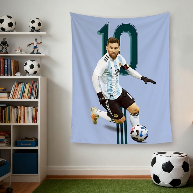 NASKY Lionel Messi World Cup Soccer Superstar Wall Tapestry: HD Fade-Resistant Polyester with 4 Corner Grommets - Hanging Poster for Boysâ€™ Bedroom & Fan Decor, 35.4 x 47.2 Inches (Blue) - Image 3