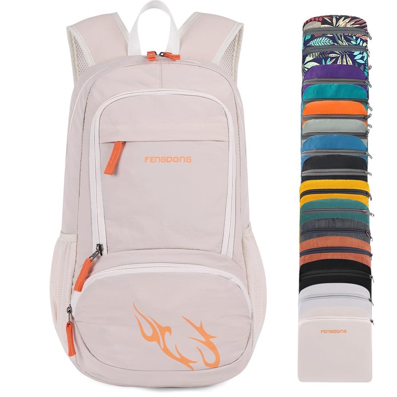 FENGDONG 35L Lightweight Foldable Waterproof Packable Travel Small Hiking Backpack Daypack for men women Beige Orange - Image 1