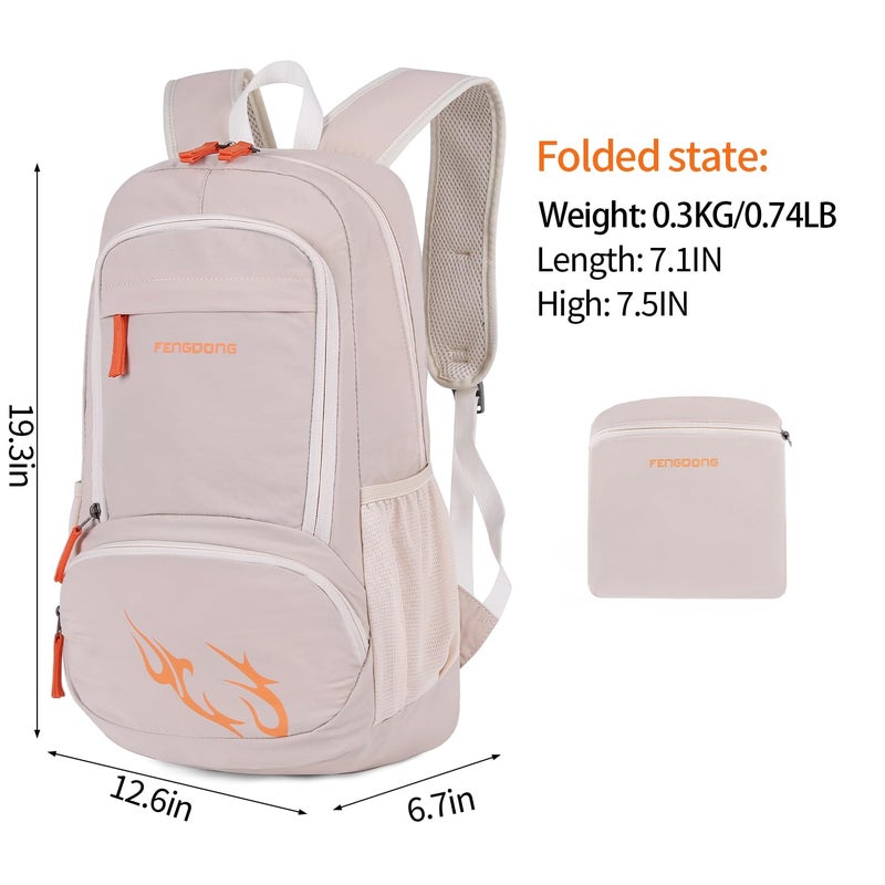 FENGDONG 35L Lightweight Foldable Waterproof Packable Travel Small Hiking Backpack Daypack for men women Beige Orange - Image 2