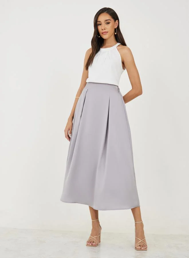 Styli Box Pleat Detail Satin Midi Skirt