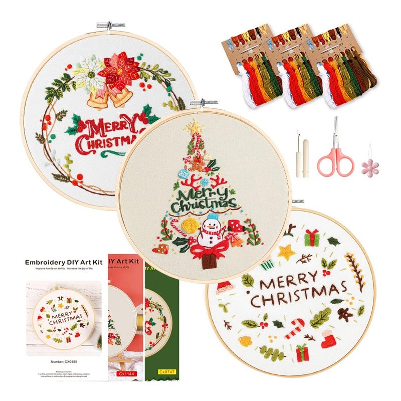 wtisan Christmas Embroidery Kits: 3 Pack Cross Stitch Kit for Beginners Adults, DIY Ornaments Craft Kit with All Tools & Instructions, Stamped Hand Embroidery Starter Kit for Holiday Crafts & Xmas Home Decor - Image 1