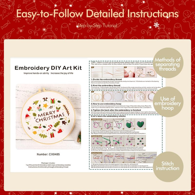 wtisan Christmas Embroidery Kits: 3 Pack Cross Stitch Kit for Beginners Adults, DIY Ornaments Craft Kit with All Tools & Instructions, Stamped Hand Embroidery Starter Kit for Holiday Crafts & Xmas Home Decor - Image 2