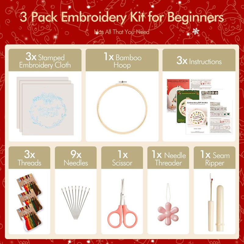 wtisan Christmas Embroidery Kits: 3 Pack Cross Stitch Kit for Beginners Adults, DIY Ornaments Craft Kit with All Tools & Instructions, Stamped Hand Embroidery Starter Kit for Holiday Crafts & Xmas Home Decor - Image 3
