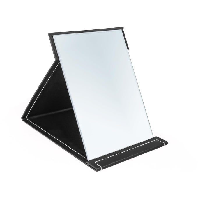 6X8 INCHES MAKEUP MIRROR PORTABLE PU LEATHER FOLDING DESKTOP VANITY MIRROR WITH ADJUSTABLE STAND FOR VANITY TABLE OFFICE TRAVEL M BLACK