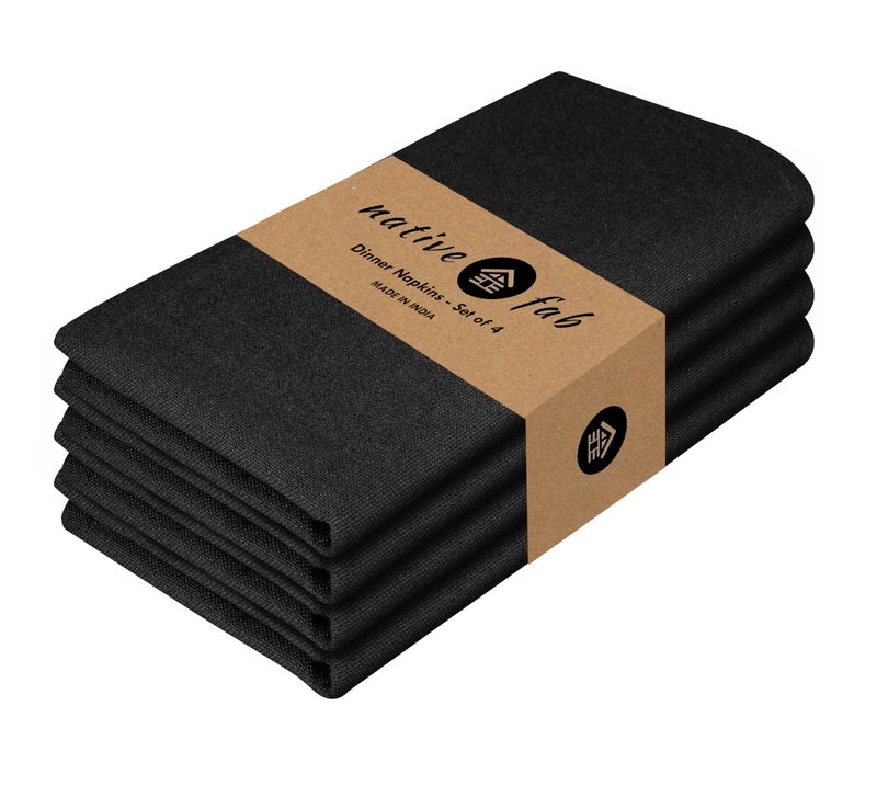 Native Fab مناديل القماش السوداء القبعة الأصلية مجموعة من 4 17x17 بوصة 100 ٪ من القطن القابل للغسل القابل لإعادة الاستخدام معاد إعادة الاستخدام مناديل طاولة الديكور - Image 1