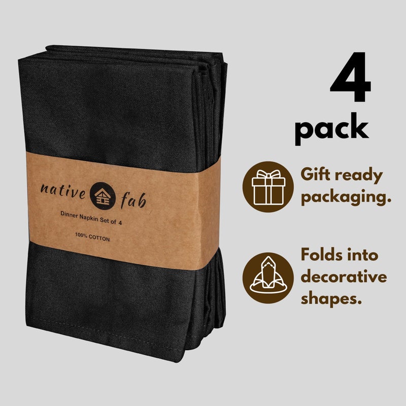 Native Fab مناديل القماش السوداء القبعة الأصلية مجموعة من 4 17x17 بوصة 100 ٪ من القطن القابل للغسل القابل لإعادة الاستخدام معاد إعادة الاستخدام مناديل طاولة الديكور - Image 4
