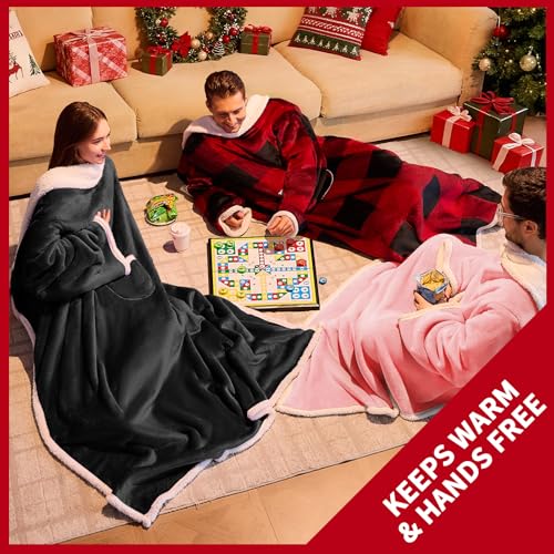 IFNOW Sherpa Wearable Blanket with Sleeves for Women Men Adults, Christmas Birthday Gifts for Women Mom Wife, Cozy Wearable Blanket with Arm and Pocket, Warm Full Body TV Wrap Throw Blanket, Black - Image 3