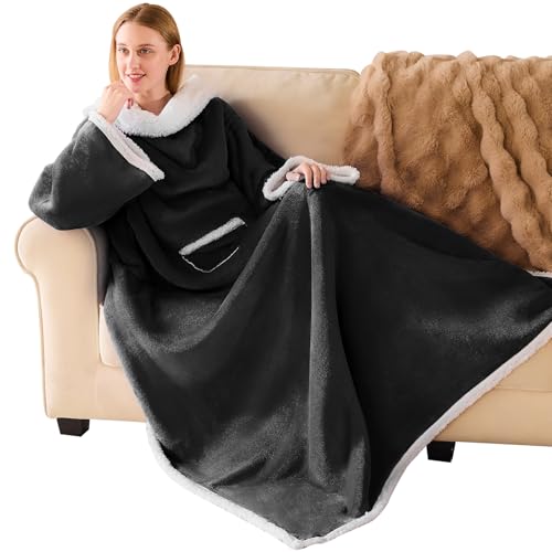 IFNOW Sherpa Wearable Blanket with Sleeves for Women Men Adults, Christmas Birthday Gifts for Women Mom Wife, Cozy Wearable Blanket with Arm and Pocket, Warm Full Body TV Wrap Throw Blanket, Black - Image 1