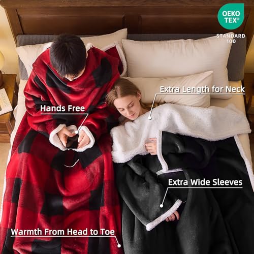IFNOW Sherpa Wearable Blanket with Sleeves for Women Men Adults, Christmas Birthday Gifts for Women Mom Wife, Cozy Wearable Blanket with Arm and Pocket, Warm Full Body TV Wrap Throw Blanket, Black - Image 2