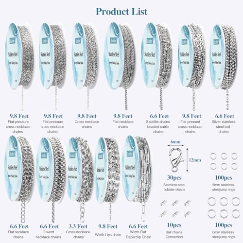 Ecoofor Necklace Chain for Jewelry Making, 95.1 Feet 12 Rolls Stainless Steel Jewelry Chains for DIY Necklace Bracelet Making with Stainless Steel Jump Rings/Lobster Clasps/Connectors - Image 3