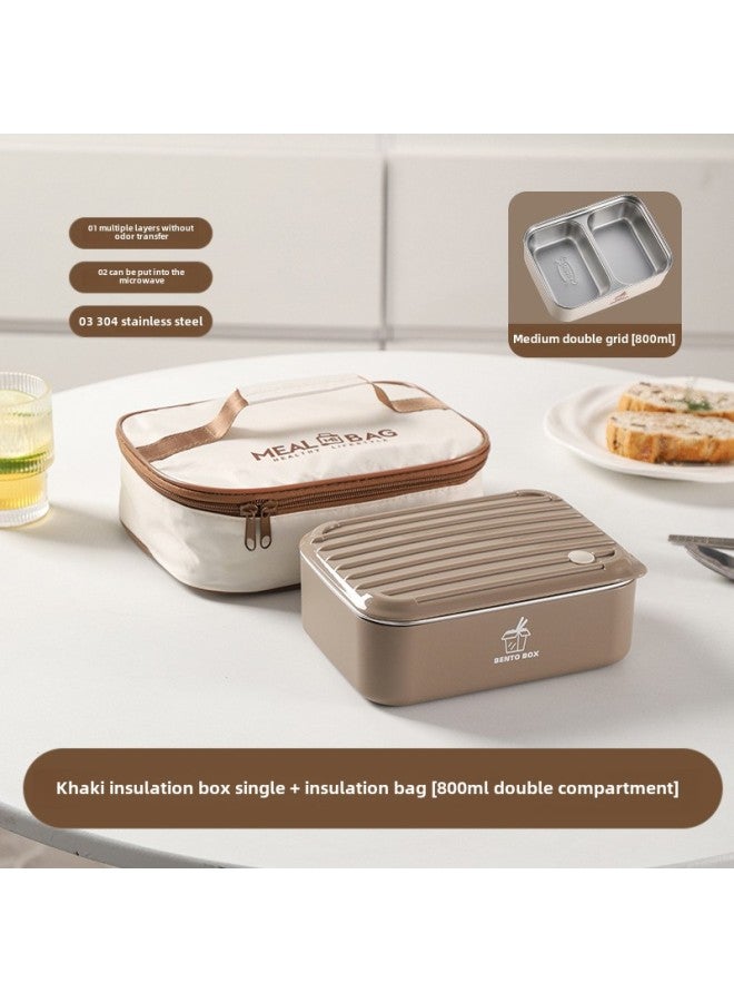Large Capacity Microwave Preservation Box Lunch Box Heating Student Lunch Box Stainless Steel Lunch Box Office Tape-Specifications:Brown 800ml*1+tableware+insulation Bag - Image 1