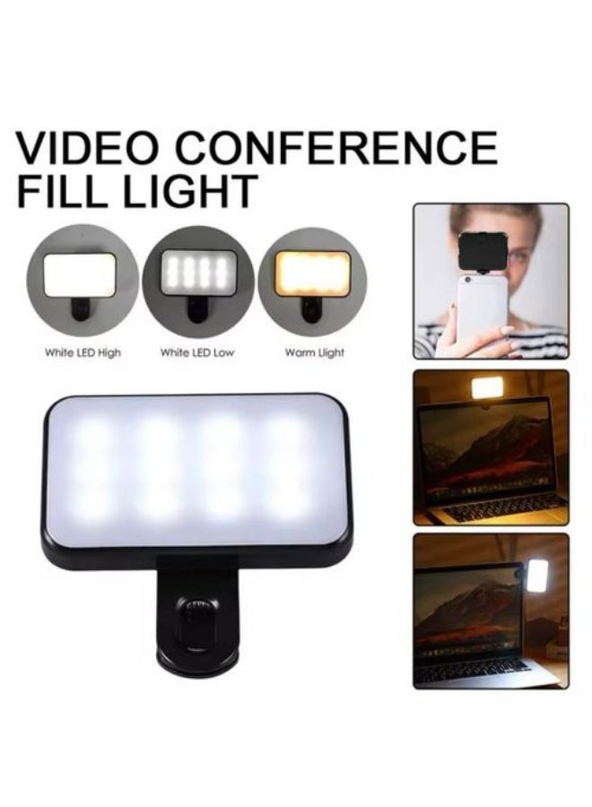 LED selfie light with video clip, dimmable, rechargeable batteries, color rendering meter, 3 lighting modes, for mobile phones, laptops, iPads and tablets - Image 1