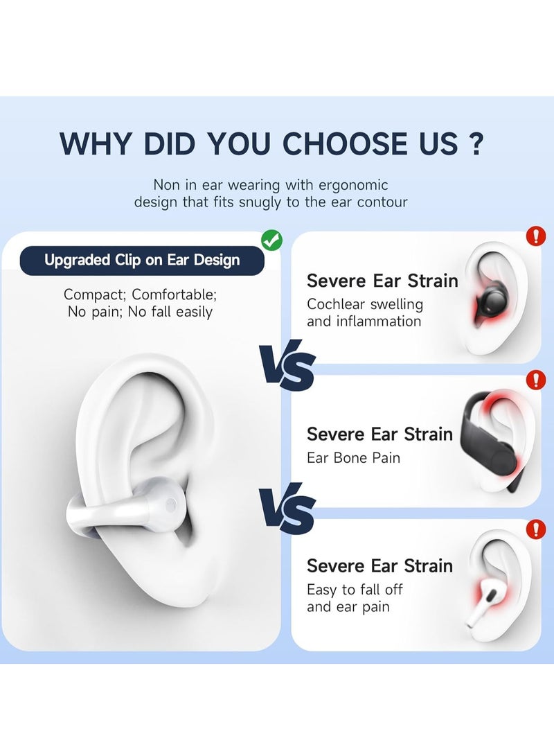 GUDOO سماعات رأس مفتوحة على شكل عظمة الأذن، مشبك لاسلكي على سماعات الأذن، بلوتوث 5.3، مع شاشة LED، علبة شحن، وقت تشغيل 60 ساعة، سماعات أذن IPX7 مقاومة للماء للجري والمشي والتمارين باللون الأبيض - Image 2