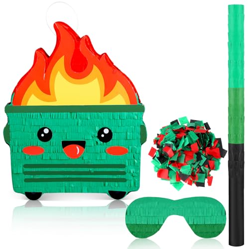 Poen Dumpster on Fire Piata for Birthday Party 15 75 x 12 6 Inch Piata with Bat Blindfold Confetti for Baby Shower Photo Props Cinco De Mayo Fiesta Decoration Kids Teens Adults SuppliesGreen - Image 1