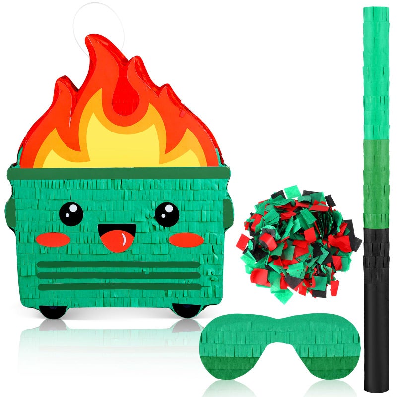 Poen Dumpster on Fire Piata for Birthday Party 15 75 x 12 6 Inch Piata with Bat Blindfold Confetti for Baby Shower Photo Props Cinco De Mayo Fiesta Decoration Kids Teens Adults SuppliesGreen - Image 3