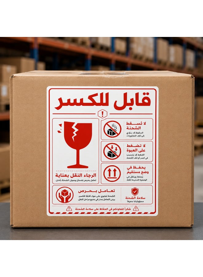 ملصقات تحذير للشحن ذاتية اللصق "قابل للكسر - يُرجى التعامل بعناية فائقة"، تصميم عربي احترافي وواضح باللون الأحمر لتأمين وحماية الشحنات الحساسة، مقاس عملي 8 × 12 سم، عبوة تحتوي على 50 قطعة - Image 1