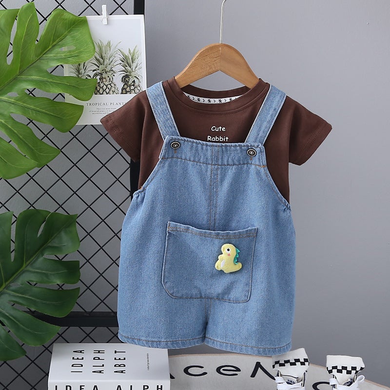 Baby Clothes Summer Stylisch Short-sleeved Cartoon Cute Denim Two-piece Set One-year-old Baby Trendy for Boys and Girls Brown 