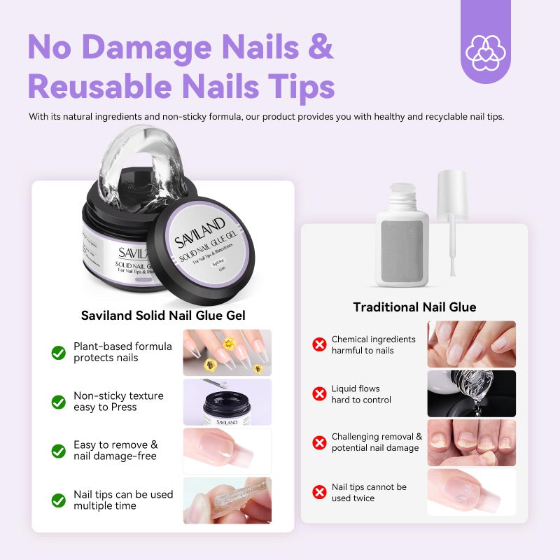 SAVILAND 30G Solid Nail Glue Gel: 2 PCS Gel Nail Glue for Acrylic Nails Strong Adhesive Solid Rhinestone Gel for Fake Nails Tips Women Home Salon DIY U V LED Lamp Cured - Image 5