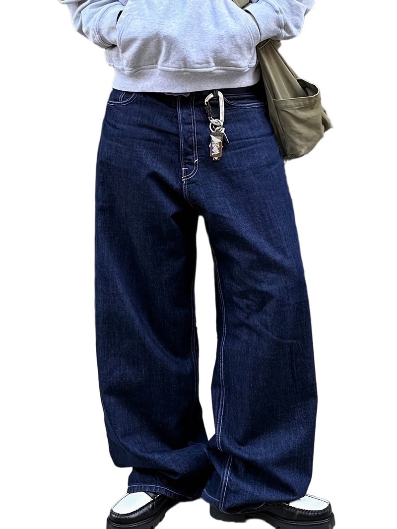 A Stylish and Casual Dark Blue Denim Jeans for Mature Men, Suitable for All Four Seasons of Autumn and Winter. These Versatile, Loose-fitting, Straight-leg, Extra-long Pants Are Trendy for D - Image 1