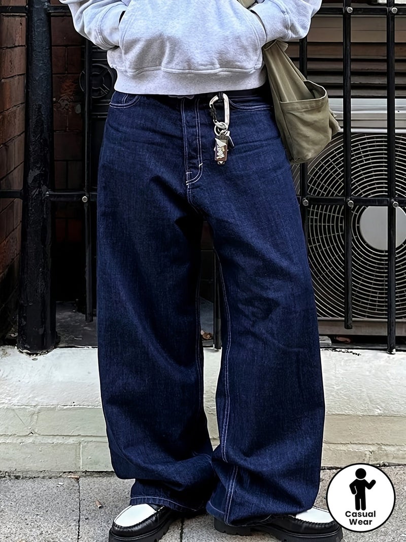 A Stylish and Casual Dark Blue Denim Jeans for Mature Men, Suitable for All Four Seasons of Autumn and Winter. These Versatile, Loose-fitting, Straight-leg, Extra-long Pants Are Trendy for D - Image 2