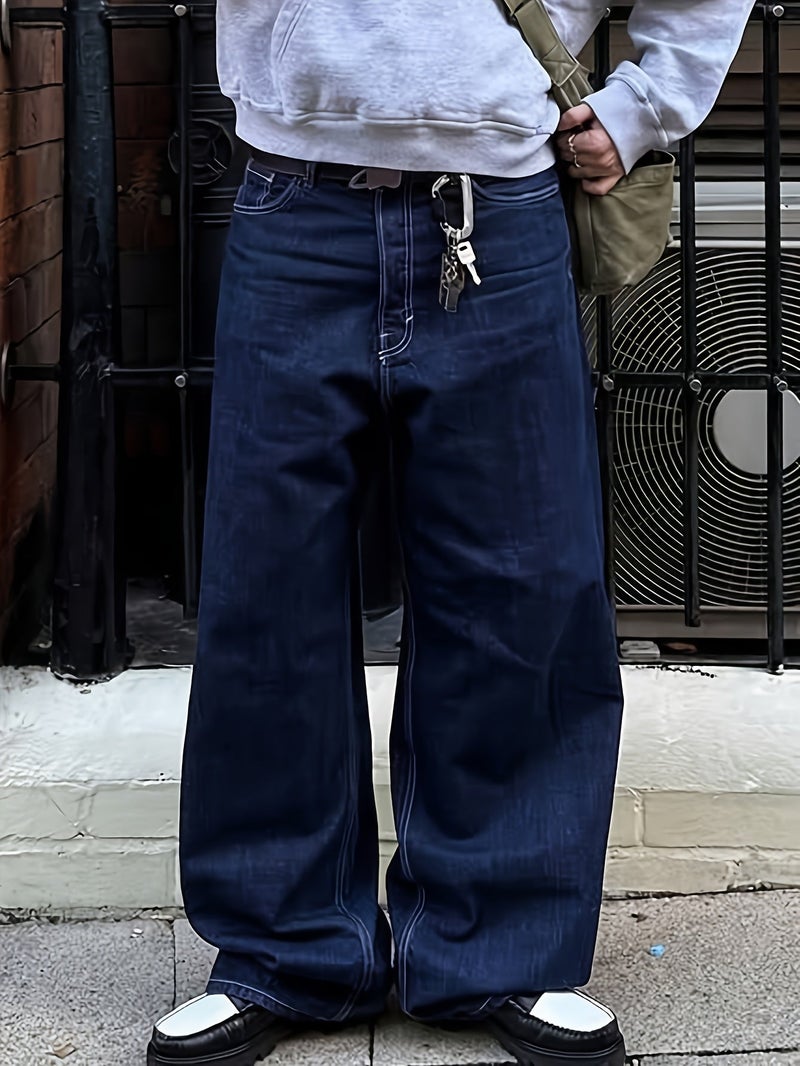 A Stylish and Casual Dark Blue Denim Jeans for Mature Men, Suitable for All Four Seasons of Autumn and Winter. These Versatile, Loose-fitting, Straight-leg, Extra-long Pants Are Trendy for D - Image 3