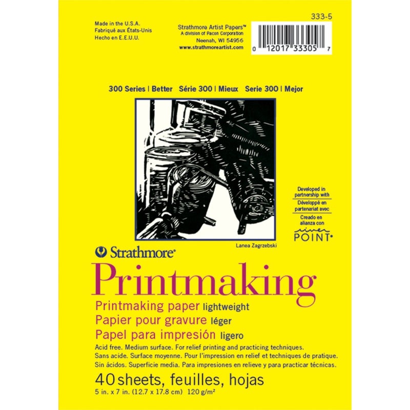 Strathmore Strathmore 300 Series Printmaking Paper Pad Glue Bound 5x7 inches 40 Sheets 120g  Artist Paper for Adults and Students  Block Printing Linocut Screen Printing White 