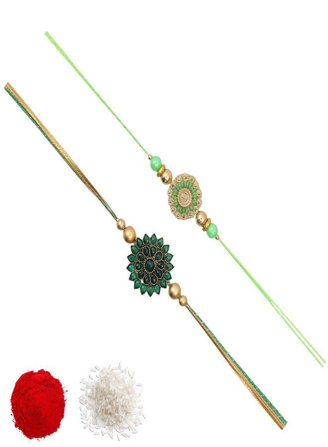 Vientiq Men's Green Stone Thread Rakhi Combo Set of 2 for Brother's Traditional Men's Rakshabandhan - Image 1
