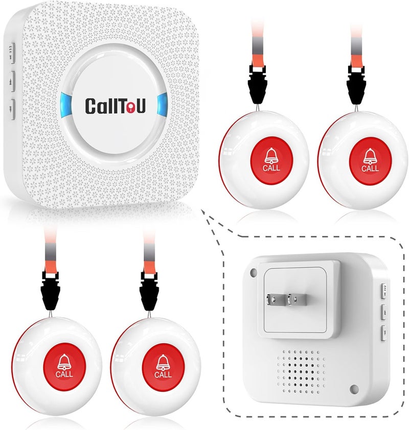 CallToU Caregiver Pager Wireless Call Button Smart Bell Alert System for Elderly Home Patient Seniors Nurse 4 Portable Waterproof Transmitters 1 Plugin Receiver - Image 1