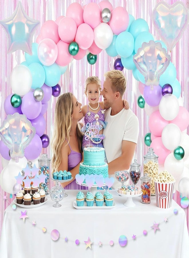 زينة عيد ميلاد حورية البحر للفتيات والسيدات، زينة حفلات عيد ميلاد متلألئة، لافتة عيد ميلاد سعيد، بالونات بألوان الباستيل، ستائر مزينة بشراشيب، إكليل نجوم، زينة كعكة لحفلة تحت الماء - Image 5