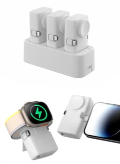 3 Trio Portable Mini Power Bank With Charging Station, 4500mAh 20W Fast Charging, Foldable Type-C & Lightning Ports, Wireless Charger For Apple Watch, Foldable Stand, Compatible With iPhone 16/15/14/13/12/11/X/8/7/6/SE, All Apple Watch Series & All USB C Android Phones - White