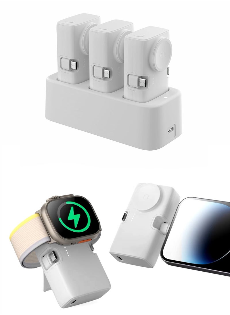 Generic - 3 Trio Portable Mini Power Bank With Charging Station, 4500mAh 20W Fast Charging, Foldable Type-C & Lightning Ports, Wireless Charger For Apple Watch, Foldable Stand, Compatible With iPhone 16/15/14/13/12/11/X/8/7/6/SE, All Apple Watch Series & All USB C Android Phones - White - Image 1
