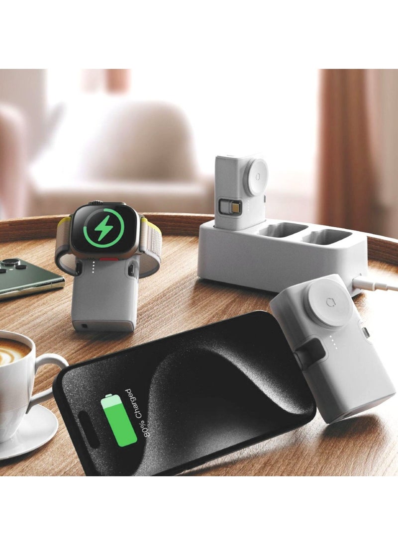 Generic - 3 Trio Portable Mini Power Bank With Charging Station, 4500mAh 20W Fast Charging, Foldable Type-C & Lightning Ports, Wireless Charger For Apple Watch, Foldable Stand, Compatible With iPhone 16/15/14/13/12/11/X/8/7/6/SE, All Apple Watch Series & All USB C Android Phones - White - Image 1