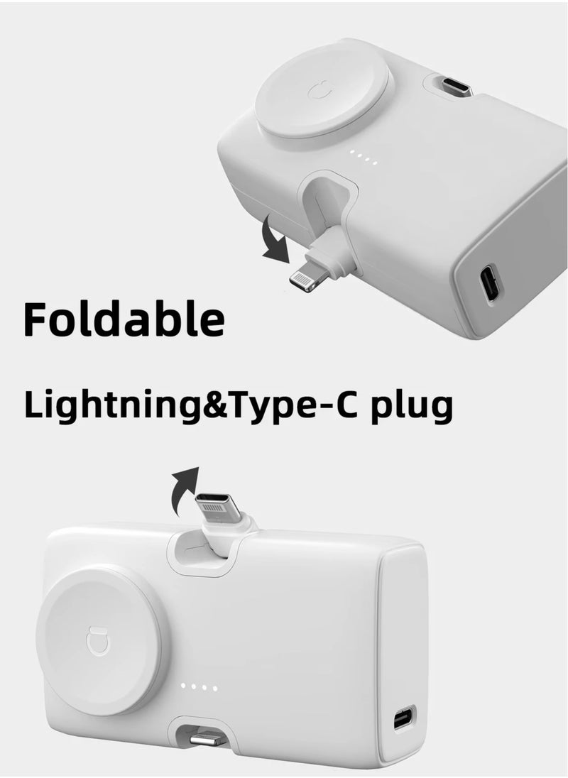 Generic - 3 Trio Portable Mini Power Bank With Charging Station, 4500mAh 20W Fast Charging, Foldable Type-C & Lightning Ports, Wireless Charger For Apple Watch, Foldable Stand, Compatible With iPhone 16/15/14/13/12/11/X/8/7/6/SE, All Apple Watch Series & All USB C Android Phones - White - Image 1