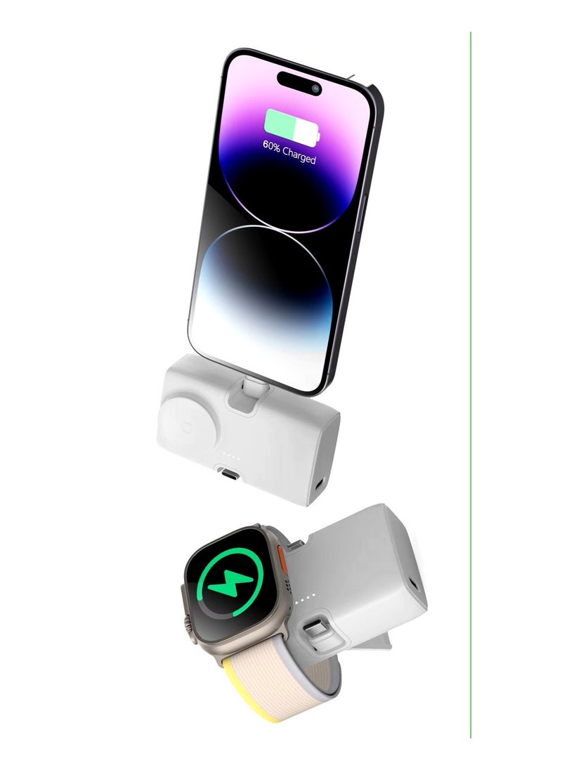 Generic - 3 Trio Portable Mini Power Bank With Charging Station, 4500mAh 20W Fast Charging, Foldable Type-C & Lightning Ports, Wireless Charger For Apple Watch, Foldable Stand, Compatible With iPhone 16/15/14/13/12/11/X/8/7/6/SE, All Apple Watch Series & All USB C Android Phones - White - Image 1