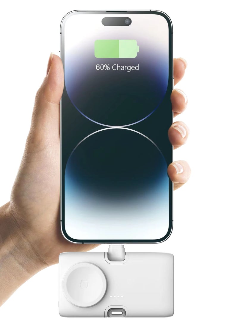 Generic - 3 Trio Portable Mini Power Bank With Charging Station, 4500mAh 20W Fast Charging, Foldable Type-C & Lightning Ports, Wireless Charger For Apple Watch, Foldable Stand, Compatible With iPhone 16/15/14/13/12/11/X/8/7/6/SE, All Apple Watch Series & All USB C Android Phones - White - Image 1