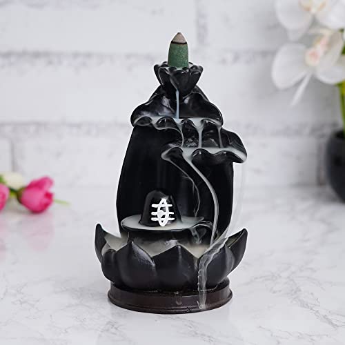 Webelkart Polyresin Shivling Backflow Smoke Incense Holder/Smoke Fountain for Home with Free10 Scented Incense Cones| Shiva Smoke Fountain (Black,7 Inches)(Conical) - Image 1