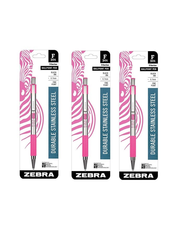 Zebra Pen Zebra F-301 Stainless Steel Retractable Ballpoint Pen, 0.7Mm, Bca Pink Barrel, Black Ink (3) 