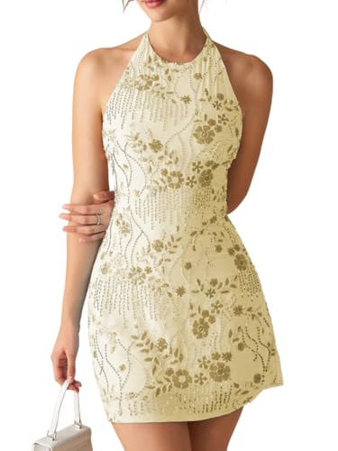 EHSUYAB Women 2000S Beaded Mini Dress Backless,Sparkly Sequin Rhinestone Floral Embellished Dresses,Homecoming Cocktail Party Beige Medium - Image 1