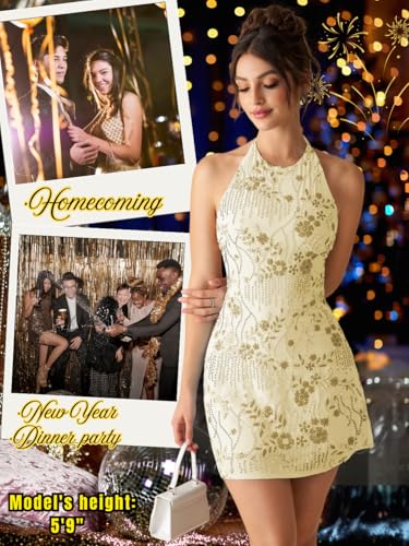 EHSUYAB Women 2000S Beaded Mini Dress Backless,Sparkly Sequin Rhinestone Floral Embellished Dresses,Homecoming Cocktail Party Beige Medium - Image 2