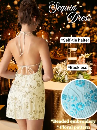 EHSUYAB Women 2000S Beaded Mini Dress Backless,Sparkly Sequin Rhinestone Floral Embellished Dresses,Homecoming Cocktail Party Beige Medium - Image 4