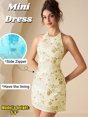 EHSUYAB Women 2000S Beaded Mini Dress Backless,Sparkly Sequin Rhinestone Floral Embellished Dresses,Homecoming Cocktail Party Beige Medium - Image 3