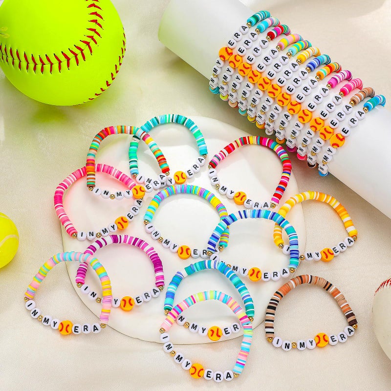 Quelay 24 Pcs Valentines Appreciation Bracelets Gift Bulk for Team Sports Dance Clay Beaded Stretchy Era Bracelets Party Gifts Volleyball Basketball Tennis Football Softball Favor(Softball) - Image 4