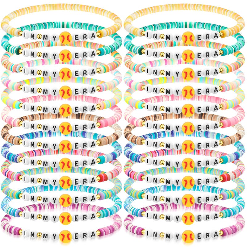 Quelay 24 Pcs Valentines Appreciation Bracelets Gift Bulk for Team Sports Dance Clay Beaded Stretchy Era Bracelets Party Gifts Volleyball Basketball Tennis Football Softball Favor(Softball) - Image 1