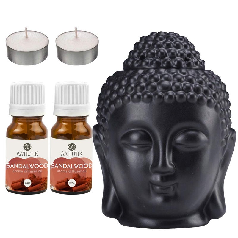Aatiutik Aatiutik Ceramic Black Tlight Buddha Aroma Diffuser Night Lamp Light with 2 Sandalwood Aroma Oil 10ml Each for Home Office Hotel Spa - Image 1