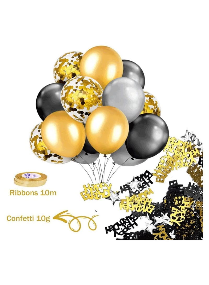JEEJPV Black Gold Birthday Party Decoration，Wedding Decorations，Black Happy Birthday Banner, Golden Fringe Curtain, Foil Tablecloth, Heart Star Confetti Balloons，Black Gold Balloons - Image 2