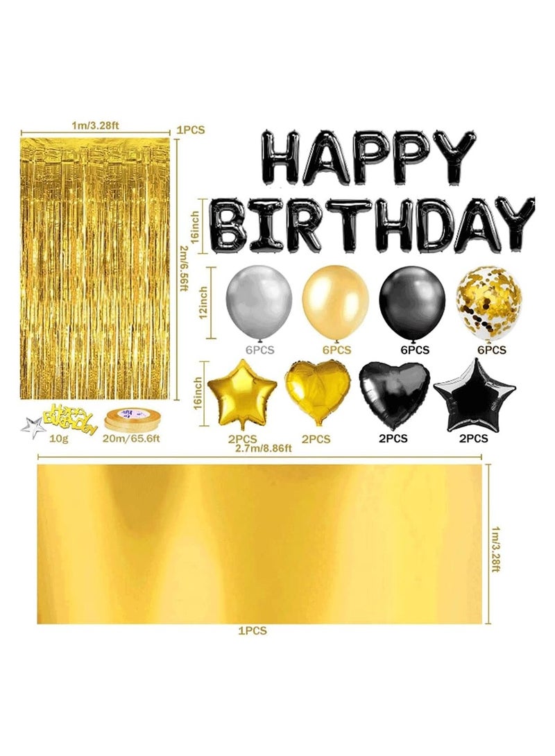 JEEJPV Black Gold Birthday Party Decoration，Wedding Decorations，Black Happy Birthday Banner, Golden Fringe Curtain, Foil Tablecloth, Heart Star Confetti Balloons，Black Gold Balloons - Image 5