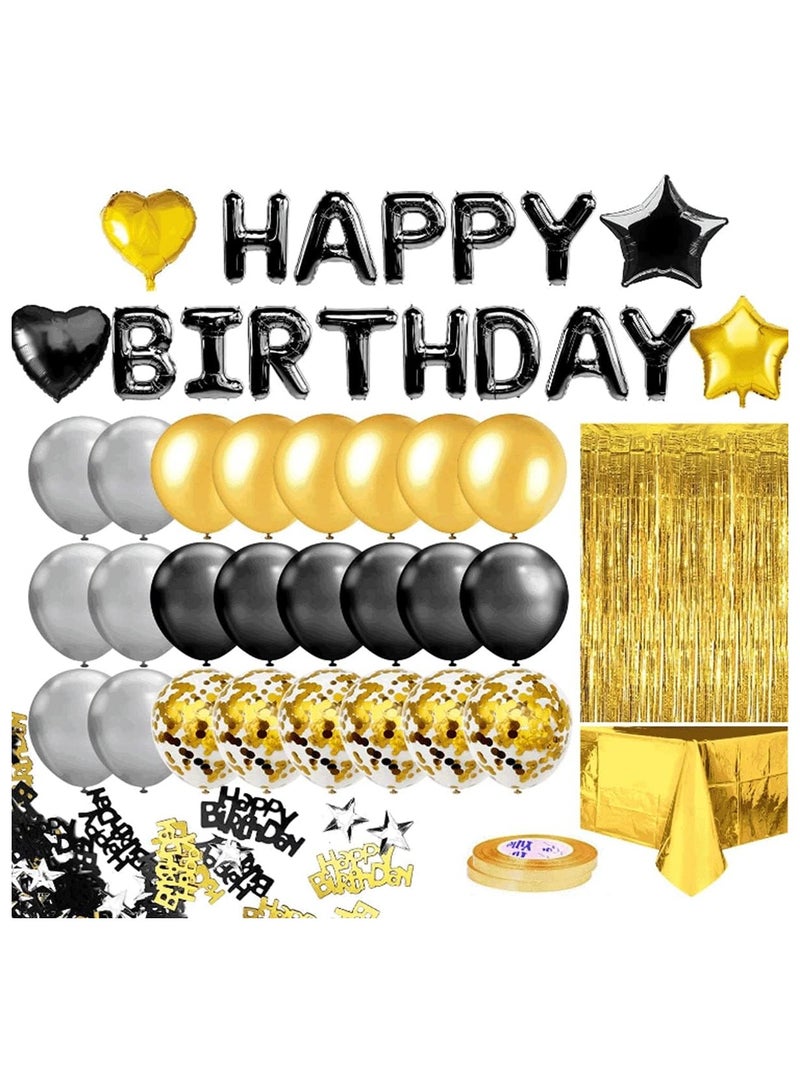 JEEJPV Black Gold Birthday Party Decoration，Wedding Decorations，Black Happy Birthday Banner, Golden Fringe Curtain, Foil Tablecloth, Heart Star Confetti Balloons，Black Gold Balloons - Image 1