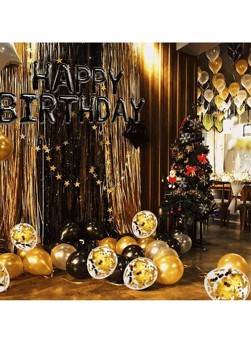 JEEJPV Black Gold Birthday Party Decoration，Wedding Decorations，Black Happy Birthday Banner, Golden Fringe Curtain, Foil Tablecloth, Heart Star Confetti Balloons，Black Gold Balloons - Image 4