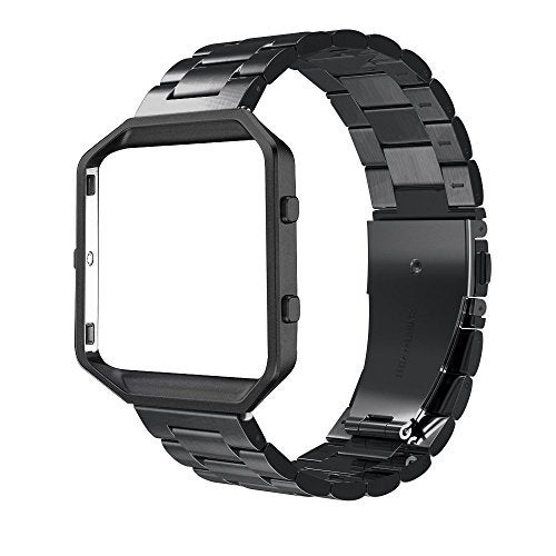 Simpeak Women Men Stainless Steel Metal Band Strap with Stailess Steel Frame Compatible with Fitbit Blaze, Match Link Removal Tool, Black - Image 1